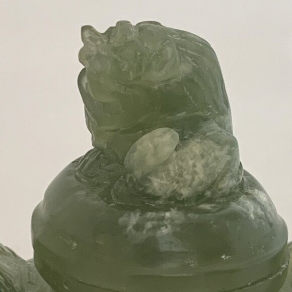 Chinese Nephrite Jade Censer w/Lid & Wood Stand Hand Carved Dragon Handles 3.5" - Picture 8 of 14